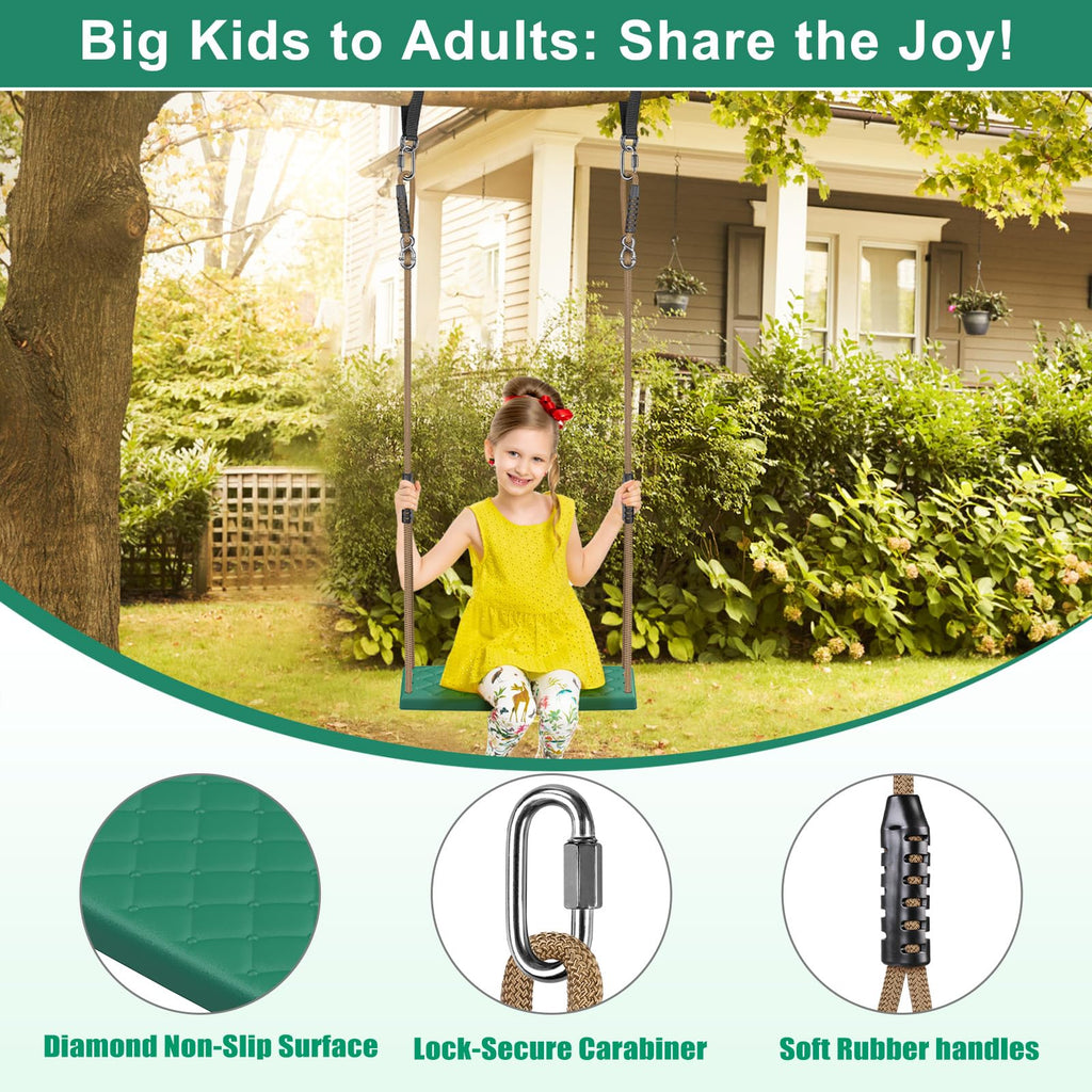 Heavy Duty Swing Seat with Adjustable Rope, Green Kids Tree Swing