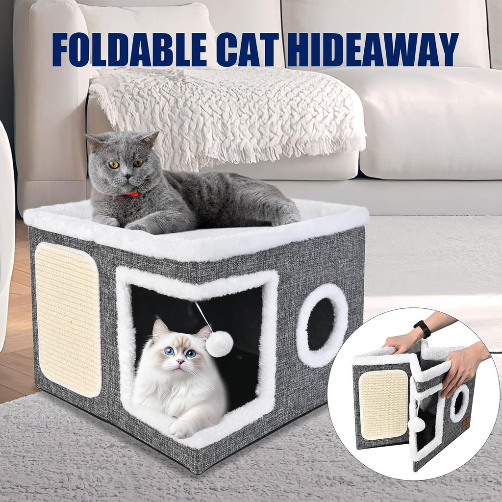 Cat Beds for Indoor Cats, Large Cat Cave Bed with Scratch Pad and Fluffy Ball, Foldable Cat Hideaway, Cat House