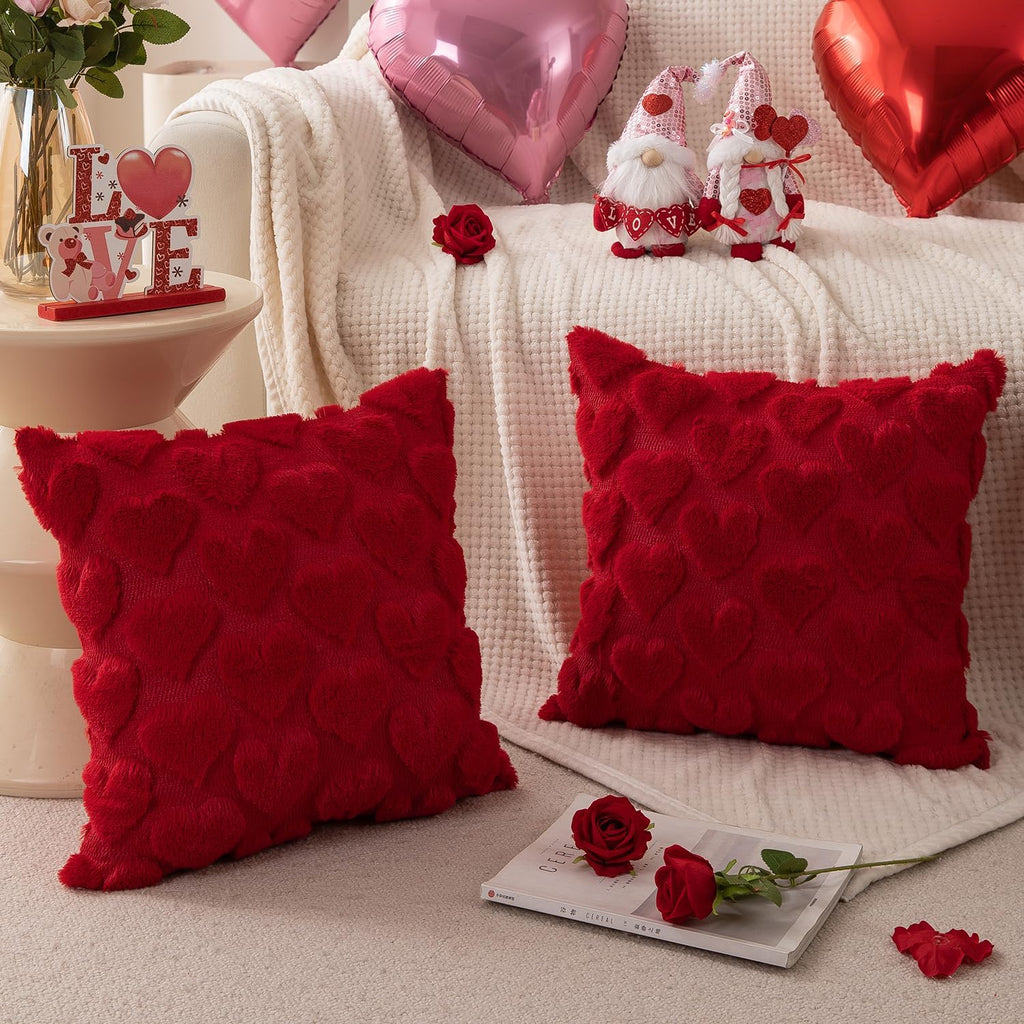 Valentines Pillow Covers 18x18 inch Valentines Day Decoration Red Heart Soft Plush Faux Fur Jacquard Throw - Set of 2
