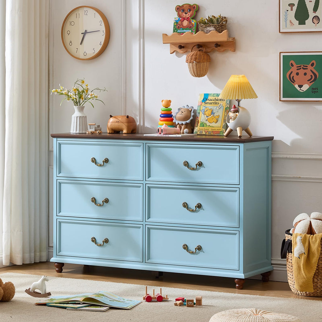 Farmhouse 6 Drawers, Vintage 54" Wide Chest of Drawers w/ 4 Wooden Legs, Rustic Large Closet Storage Dressers