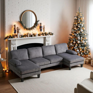 110" Sectional Couches, U Shaped Couch with Double Chaise, 4-Seat Sofa Set with Corduroy Fabric Furniture, Grey