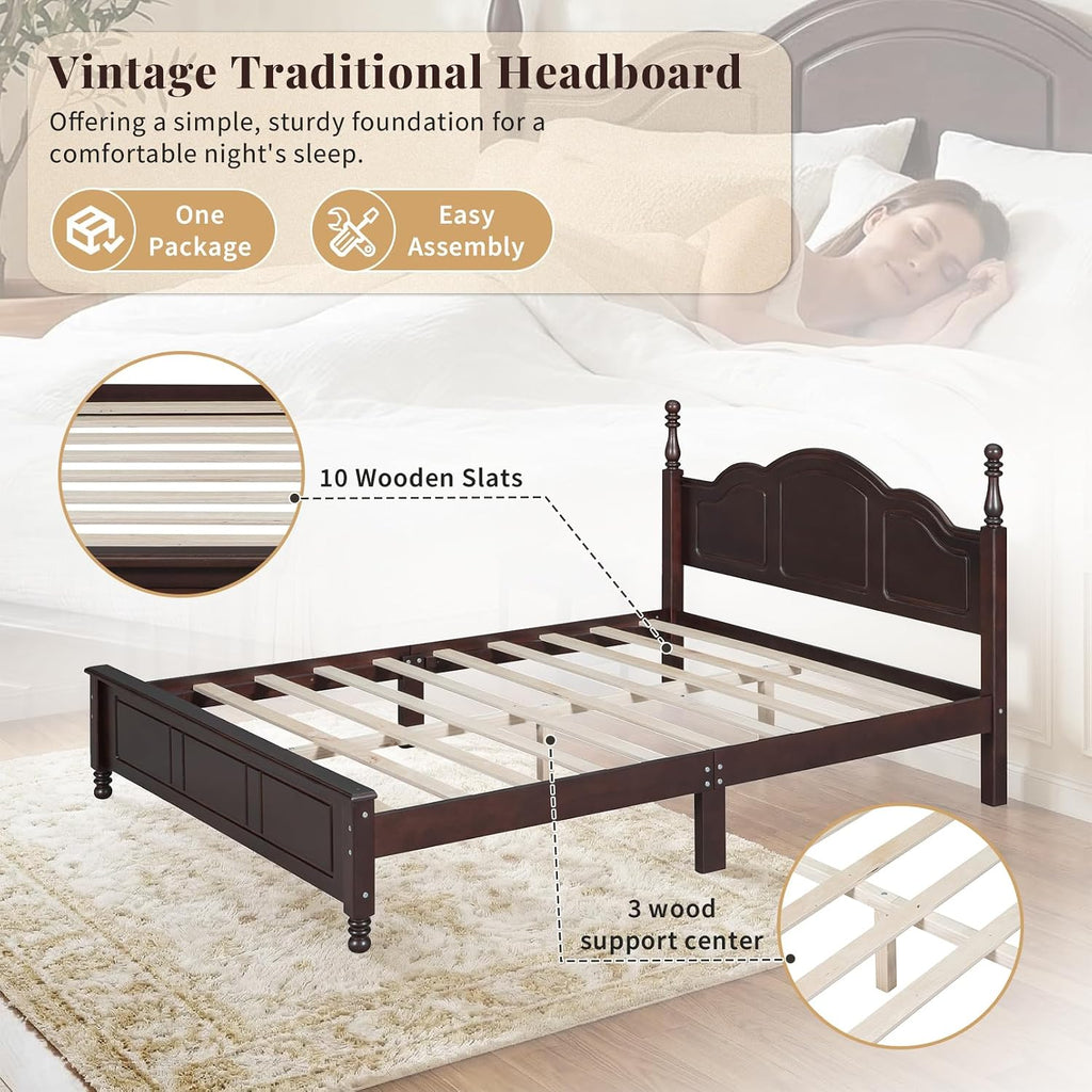 Dark Walnut Wood Bed Frame Queen Size with Wave Shaped Headboard