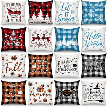Christmas Pillow Covers 18 x 18 Inch Holiday Throw Pillow Covers Halloween Fall Winter Seasonal Pillowcases - Set of 16