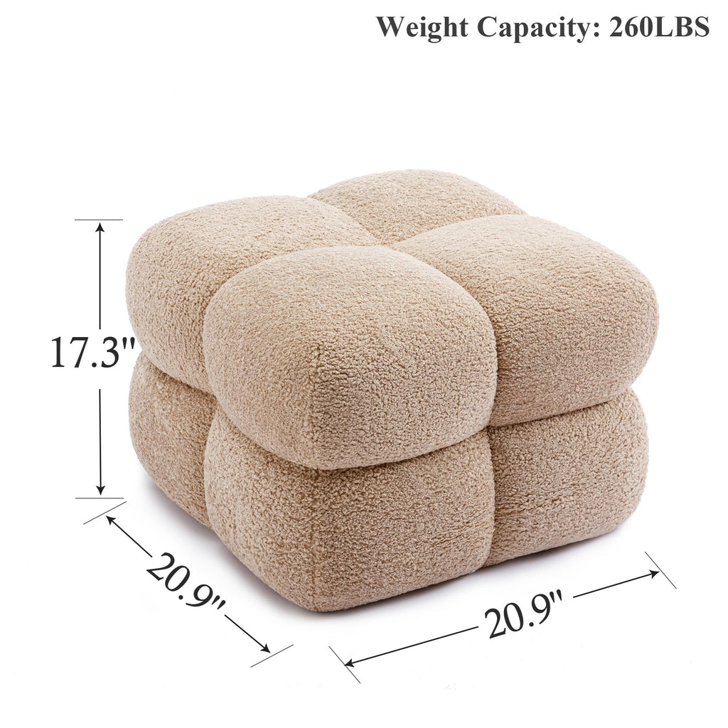 21" W Pouf Ottoman Foot Rest, Large Square Foot Stool for Couch, Upholstered Boho Ottoman with Teddy Fabric for