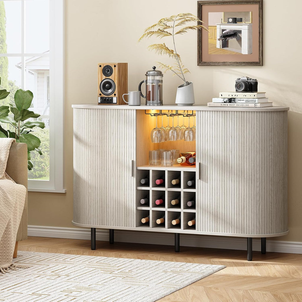 55" Fluted Wine Bar Cabinet with LED Light White | Liquor Coffee Bar Cabinet, with Wine Rack and Glass Holder