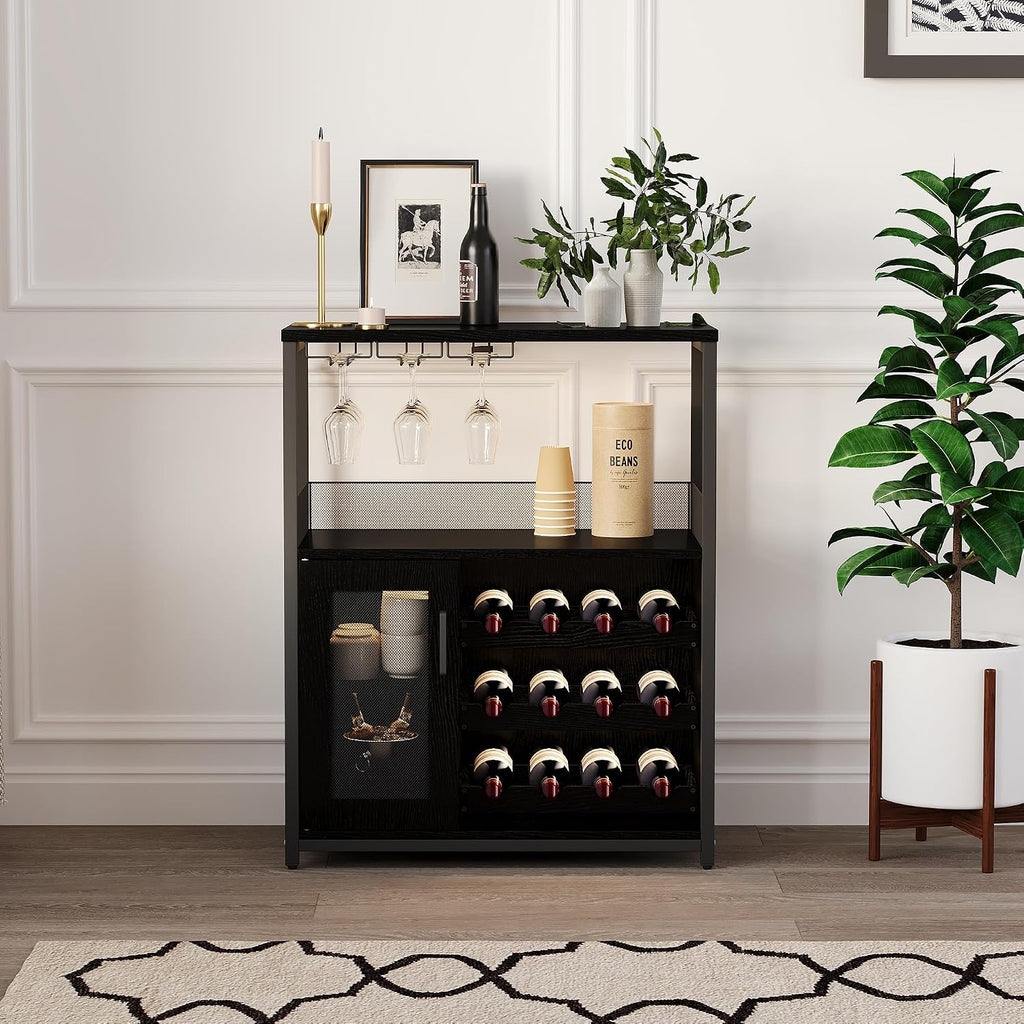 Wine Bar Cabinet, 3-Tier Removable wine rack cabinet glass holder, Mesh door adjustable shelf display cabinet bar