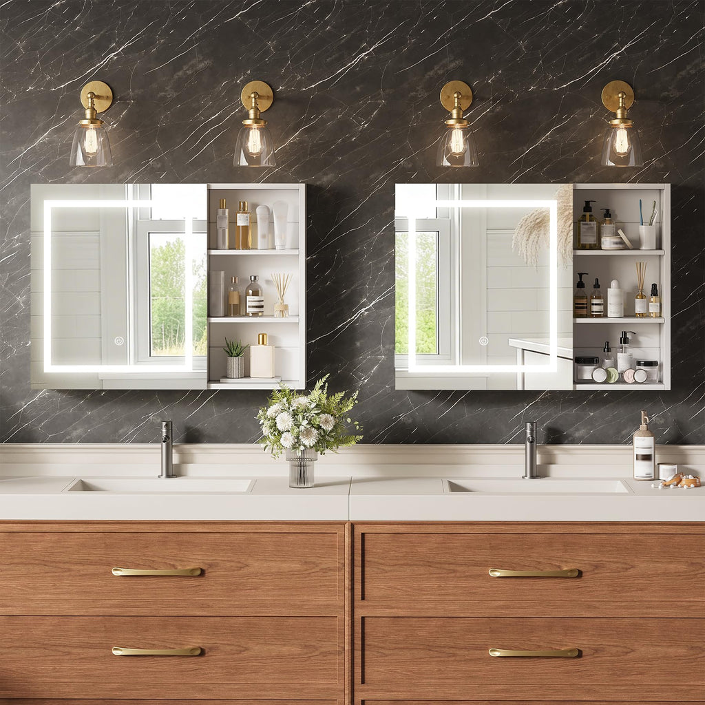 32" x 24" Lighted Medicine Cabinet with Mirror, Modern Wall Mounted Bathroom Cabinet with Storage Shelves, Touch