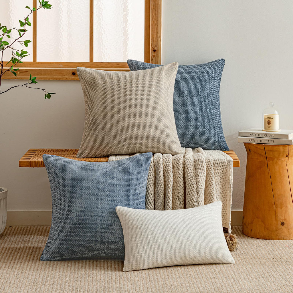 Blue Chenille Throw Pillow Covers 20x20 Inch Pack of 2 Modern Decorative Throw Pillow Covers Farmhouse Cross Covers
