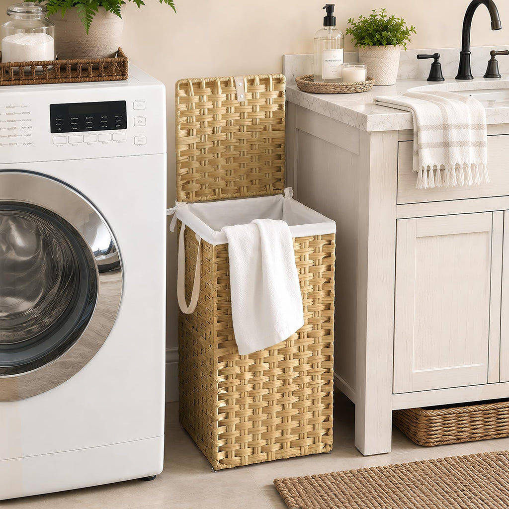 Laundry Basket with Lid, 65L Wicker Laundry Hampers, Goose Yellow