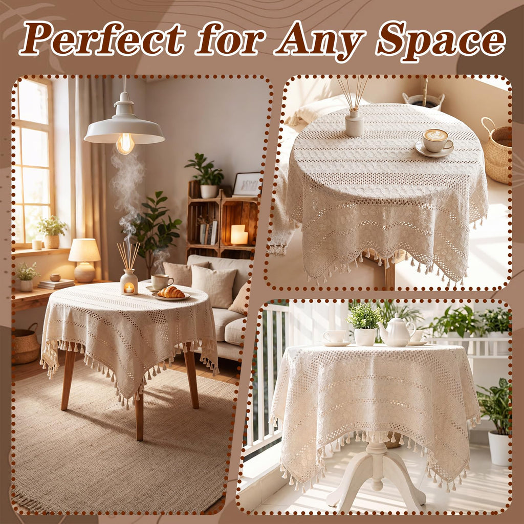 Boho Cotton Handmade Crochet Lace Tablecloth, Beige Round Table Cover