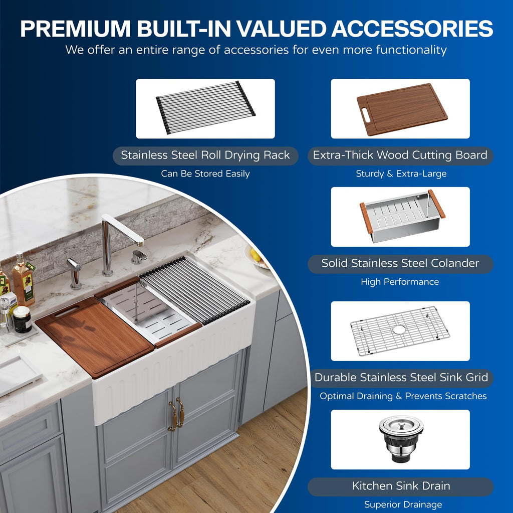 30 White Farmhouse Sink Reversible Workstation, Undermount Farm Kitchen Sink 30x20 inch Apron Front White Porcelain