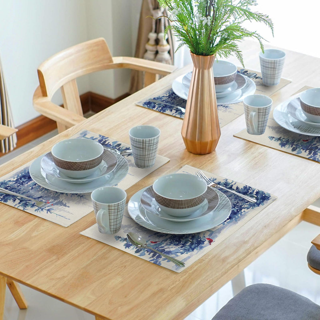 Winter Blue Pine Tree Placemats Set of 4,12 x 18 Inch Forest Xmas Red Bird Heat Resistant Place Mats Linen Table Mats