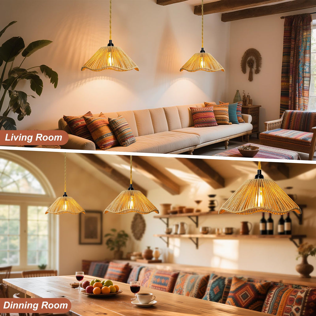 Hanging Lights with Plug in Cord Rattan Hanging Lamp Boho Ceiling Light Fixtures Farmhouse Pendant Lamp Shape Bedroom