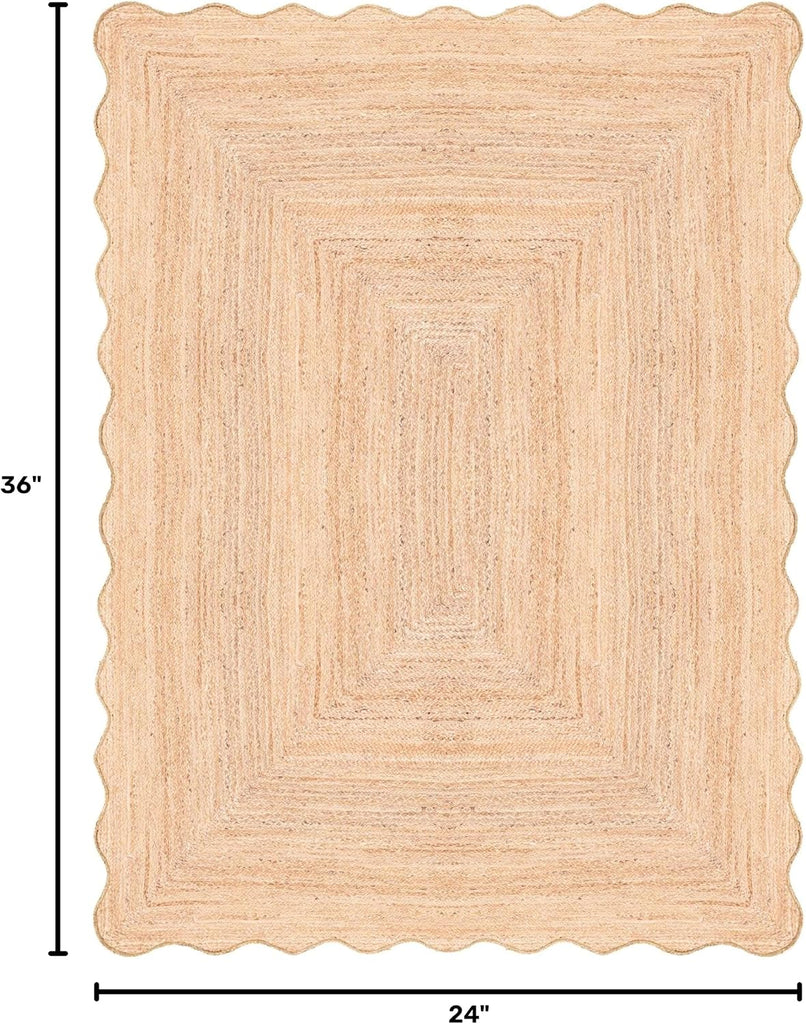 Scalloped Jute Rug, Handwoven Natural Fiber Small entryway Rug Farmhouse Area Rug, Natural 2x3 ft.