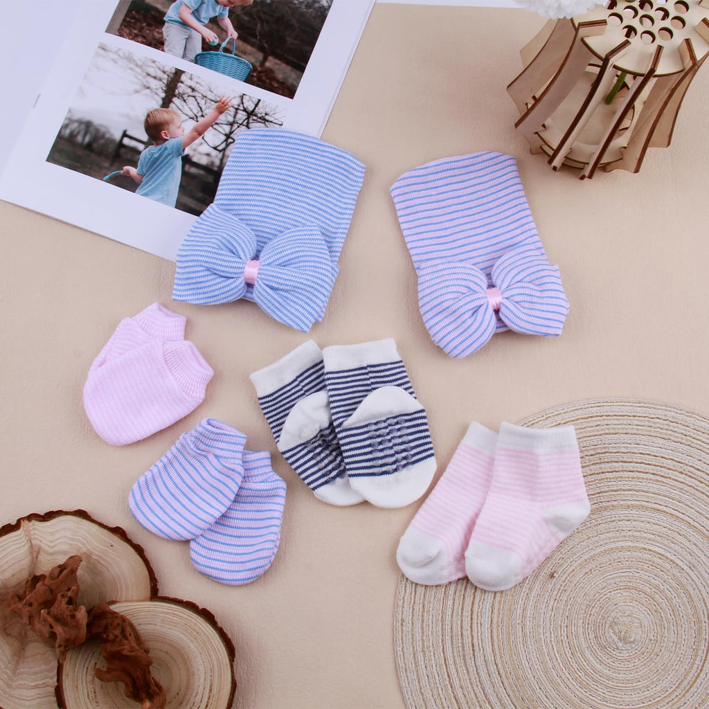 Newborn Baby Girl Hats Mittens and Baby Grip Socks Set Bows Caps Beanies Baby Non Slip Socks Cotton Gloves for