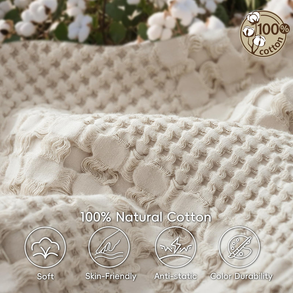 Lightweight 100% Cotton Waffle Blanket for Bed, Light Taupe