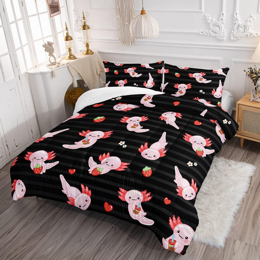 Kids Black Full Comforter Sets 3 Pieces,Cartoon Bedding Sea Wildlife Cute Animals Theme Room Decor,Kawaii Bedding Set