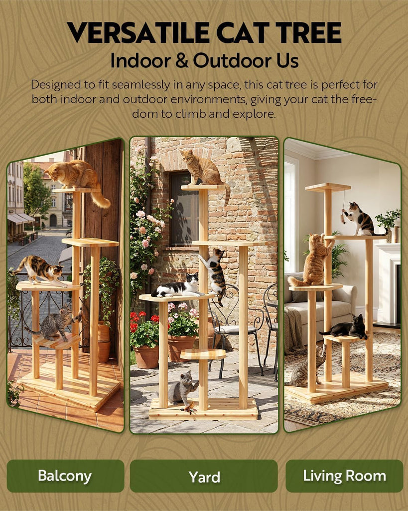 60" Tall Weatherproof Outdoor Cat Tree Tower, Solid Natural Wood