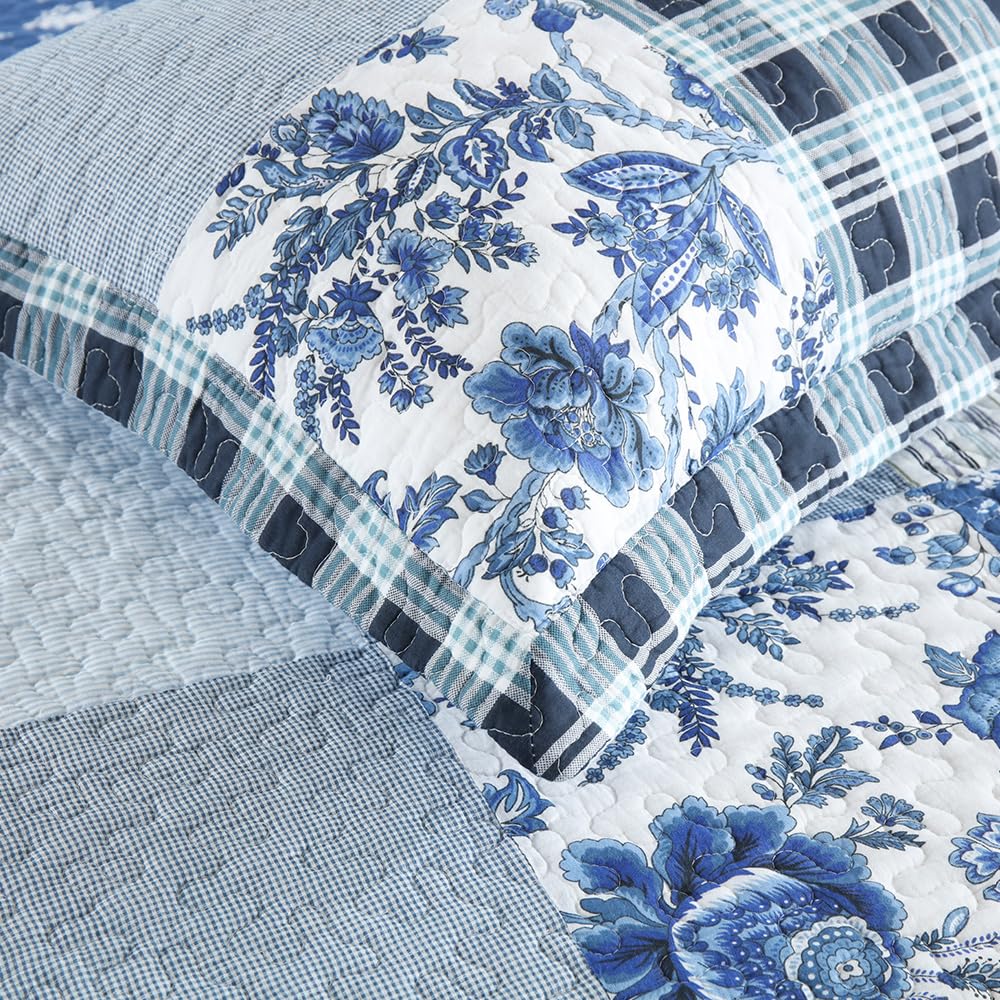 Cotton Patchwork Quilt Sets, Lightweight Reversible Coverlet Bedding Sets with 2 Pillow Shams, Blue White