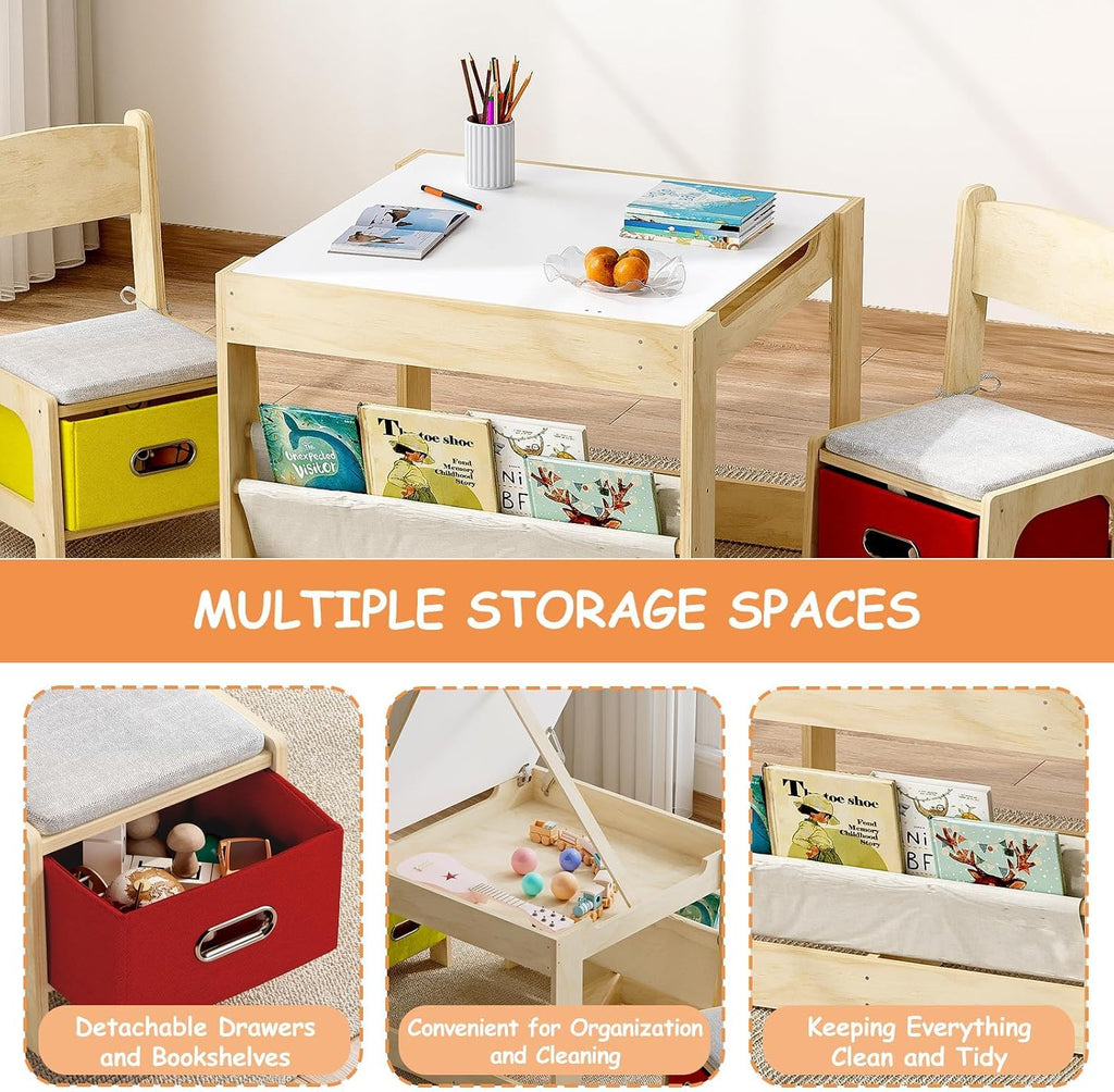 Kids Table and 2 Chairs Set, Wooden Toddler Activity Table with Adjustable Drawing Tabletop, Safety Hinges, Storage