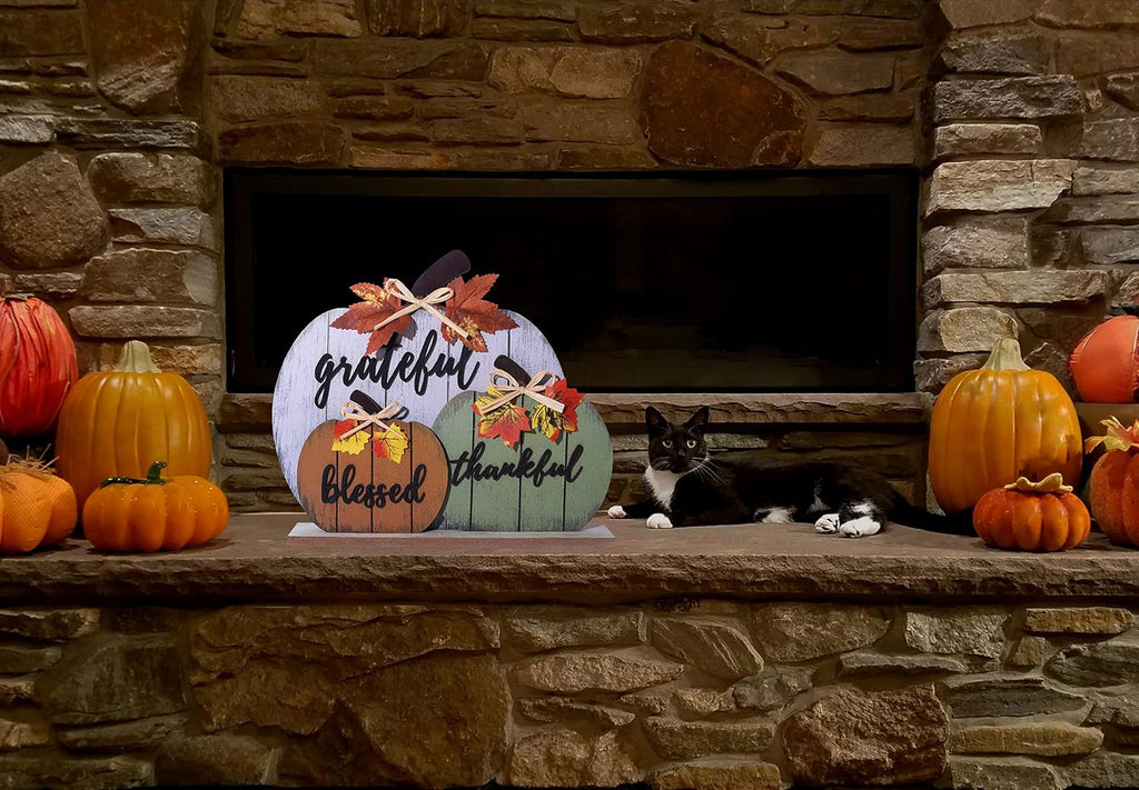 Fall Decorations Blessed Grateful Thankful Fall Decor Wooden Pumpkin Tabletop Signs Thanksgiving Farmhouse Living - Set of 3