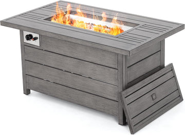 Propane Fire Pit Table, HAPPATIO 48inch 50000 BTU Gas Fire Pit with Aluminum Slats Table Top, Lid, Black Glass Rock