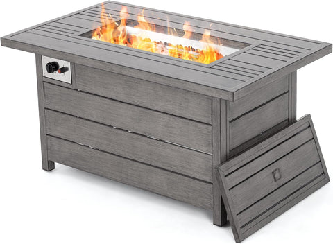 Propane Fire Pit Table, HAPPATIO 48inch 50000 BTU Gas Fire Pit with Aluminum Slats Table Top, Lid, Black Glass Rock