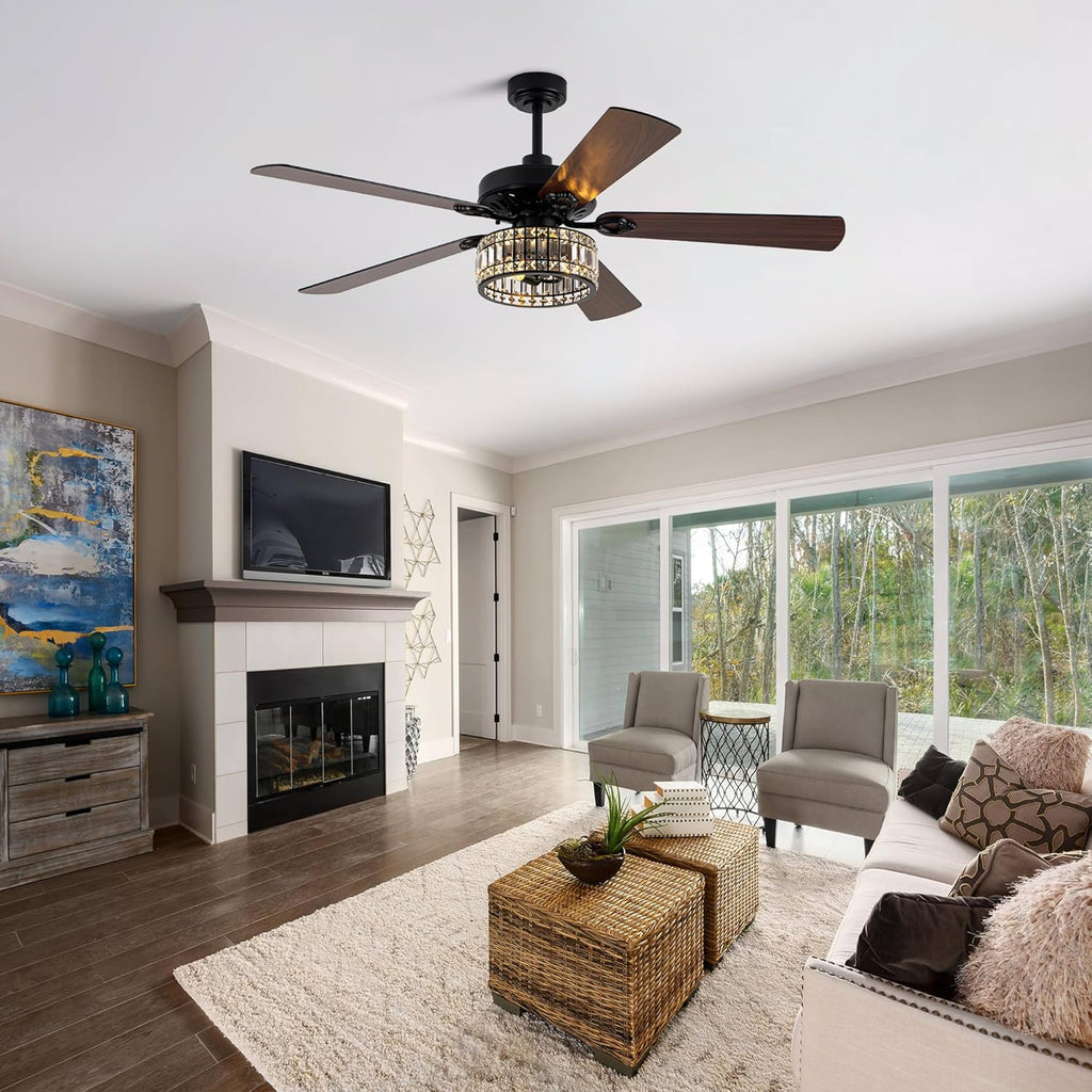 60 Inch Crystal Chandelier Ceiling Fans with Lights Black Large Modern Ceiling Fans Quiet and Reversible DC Motor 6