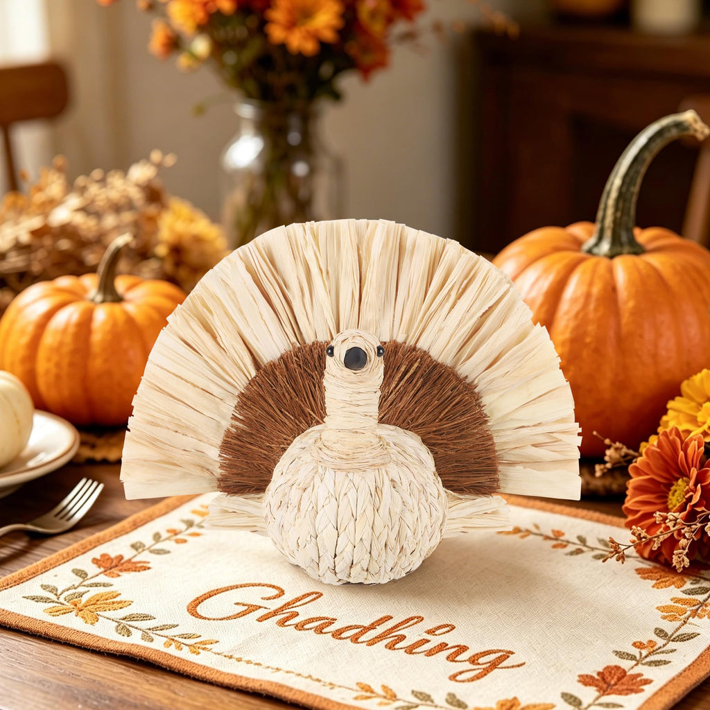 Thanksgiving Turkey Decor Straw Turkeys, 6.7" Tall