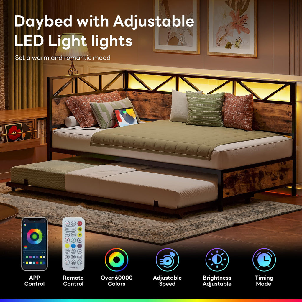 Twin Daybed with Trundle, Sofa Bed with Charging Station