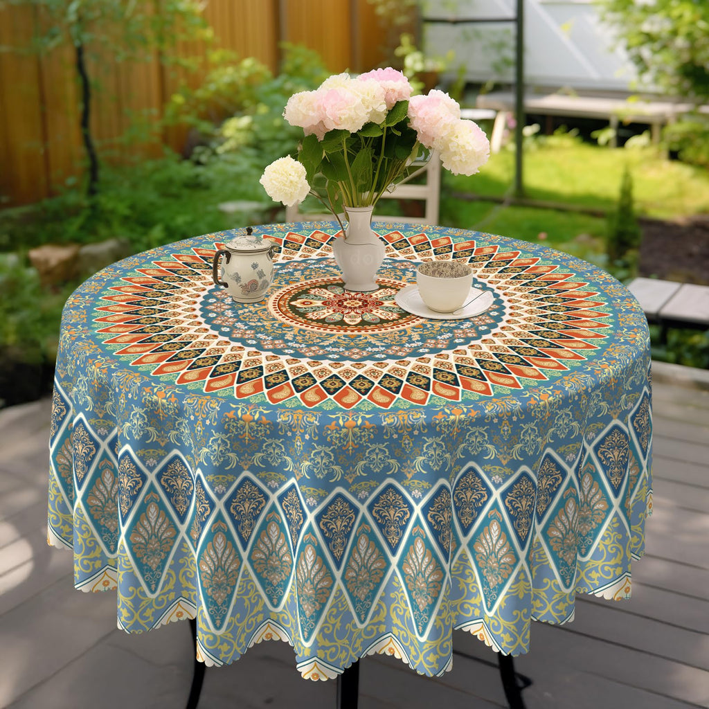 Boho Round Tablecloth 70In Wrinkle and Stain Resistant Table Cover