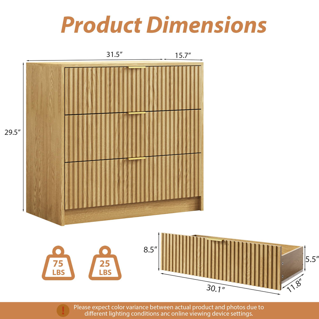 Fluted 3-Drawer Nightstand, 32"Wide Dresser, Natural