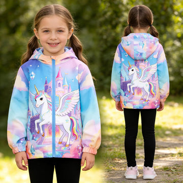 Little Girls Hooded Windbreaker Jacket with Lining,Snowman Castle Unicorn Rainbow Print,Sparkling Crystal Trim