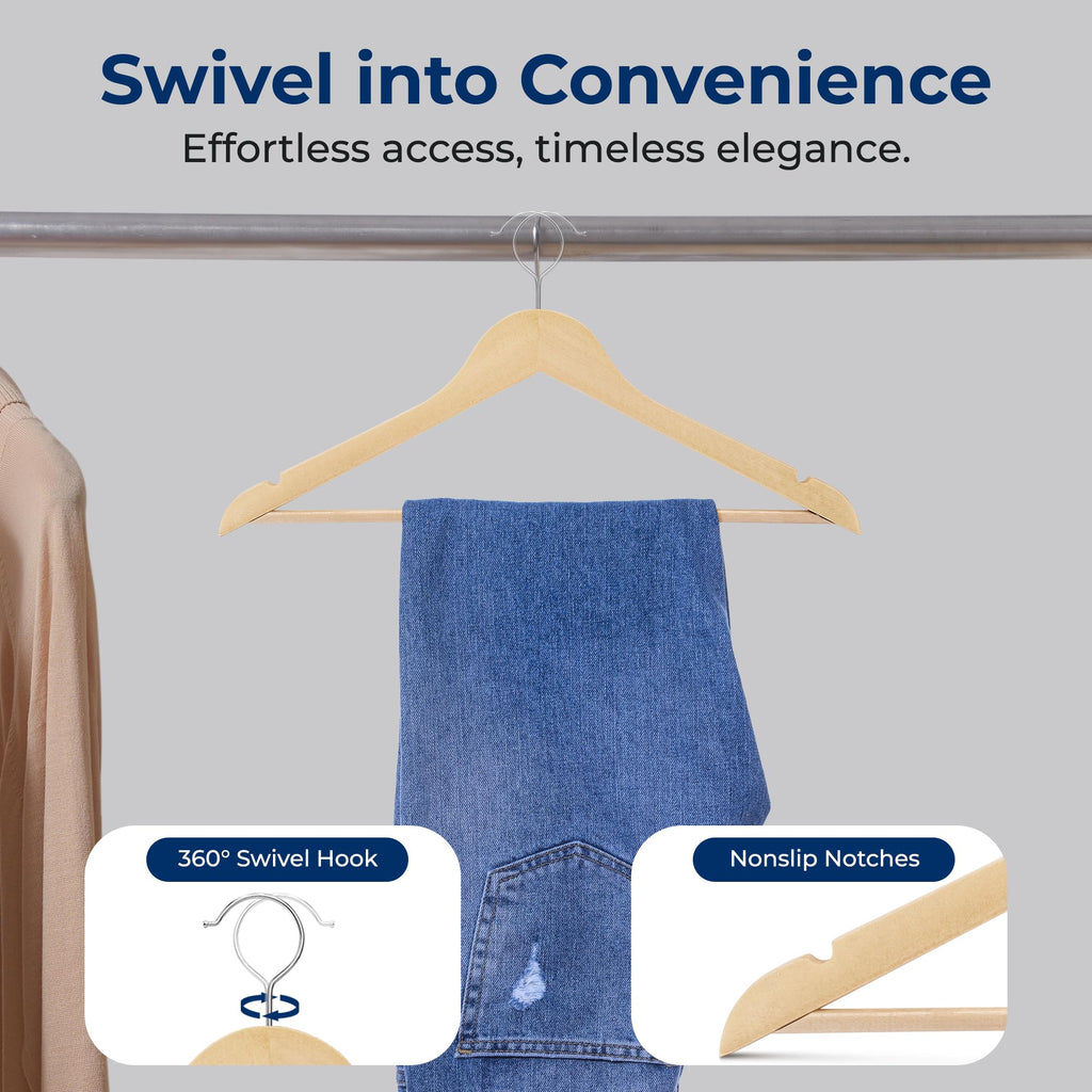Solid Wooden Hangers, Mega Pack, 50 Pieces Hangers for Clothes, Heavy Duty Suit Hanger Set with Chrome 360 Degree
