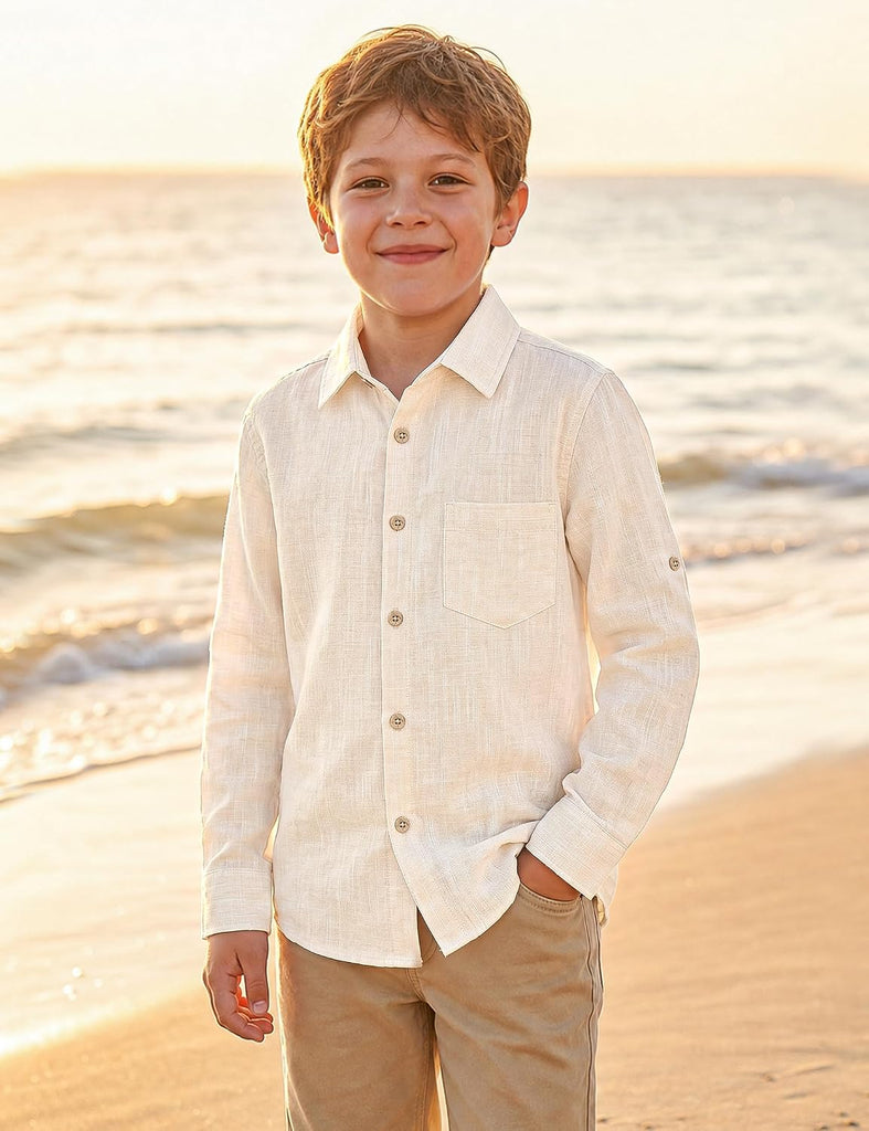 Boys Button Down Shirt Roll-Tab Long Sleeve Dress Shirts