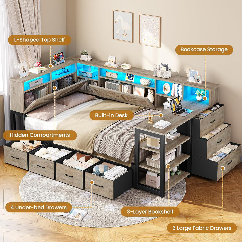 Corner Bed Frame with Desk, Bookcase Headboard, Storage Shelves & 7 Drawers, Farmhouse Twin Size Wood Platform Bed