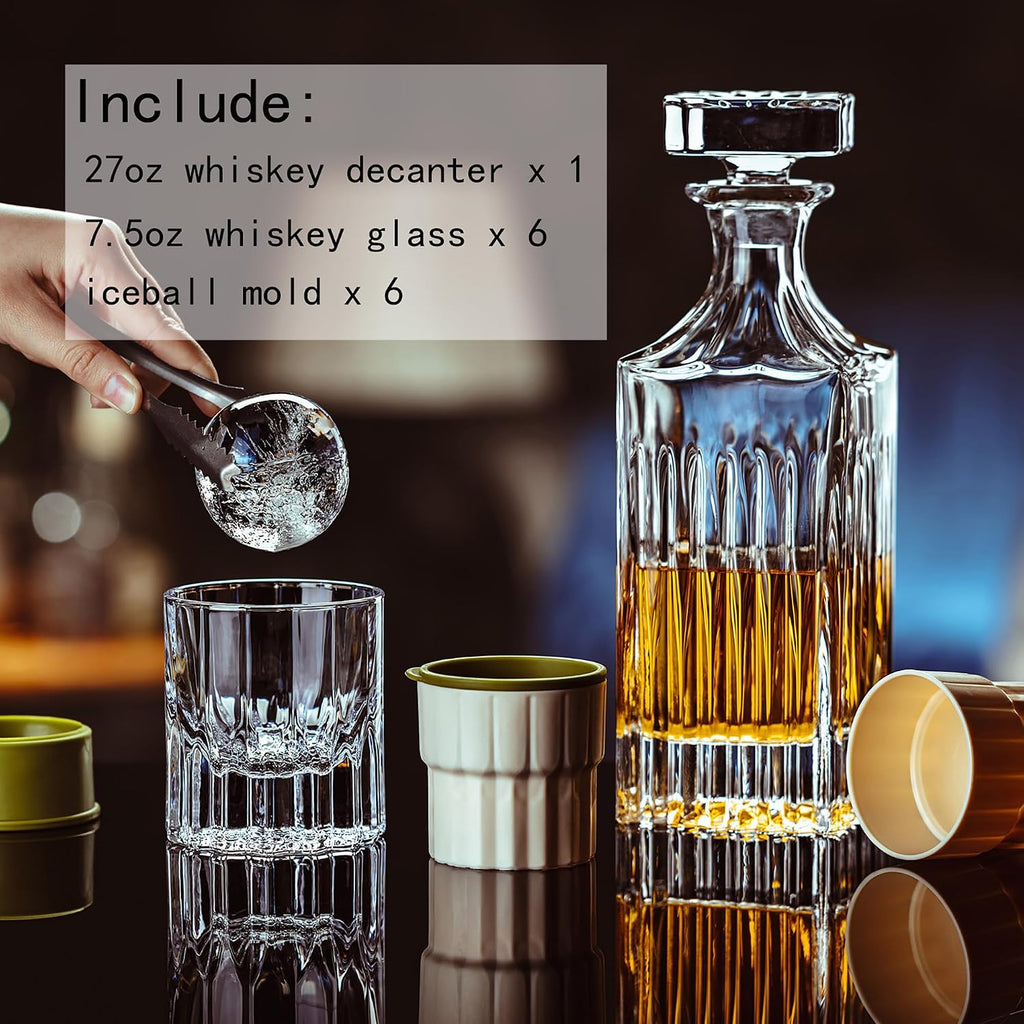 13-Piece Whiskey Decanter Gift Set for Men, 27oz Lead-Free Liquor Decanter with 6 x 7.5oz Heavy Base Glasses & 6 Ice - Set of 13