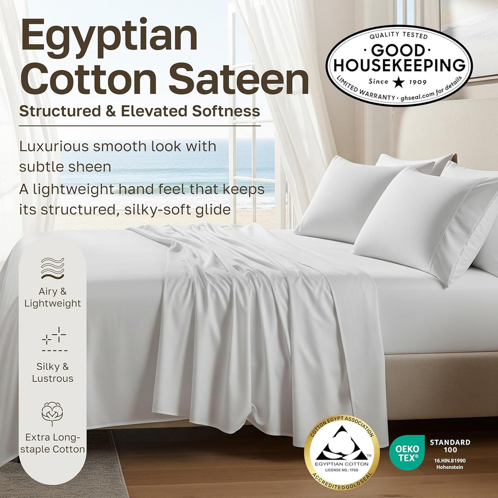 100% Egyptian Cotton Sheets Queen Set - Certified Authentic Luxury Queen Sheet Set with Deep Pocket, Soft Sateen