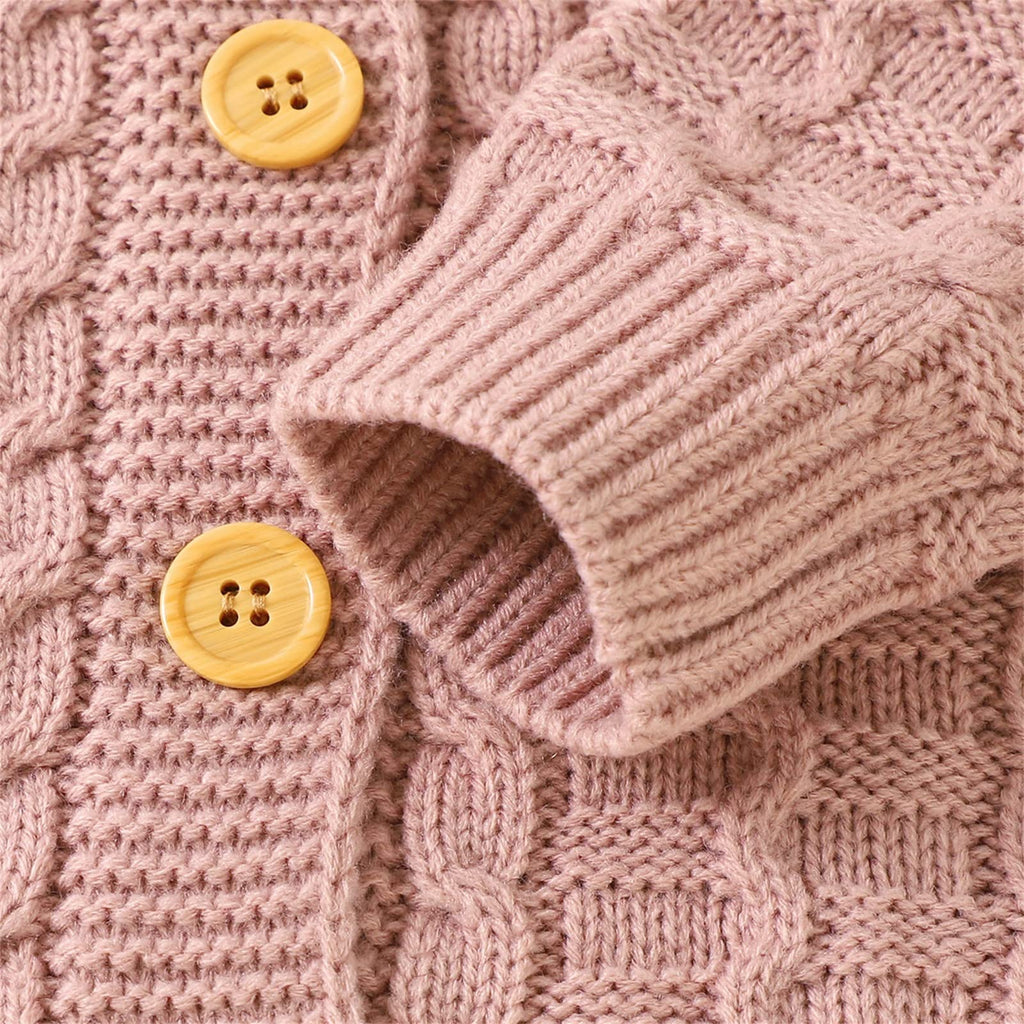 Baby Cable Knit Romper Set Front‐Button Jumpsuit with Pom‐Pom Beanie