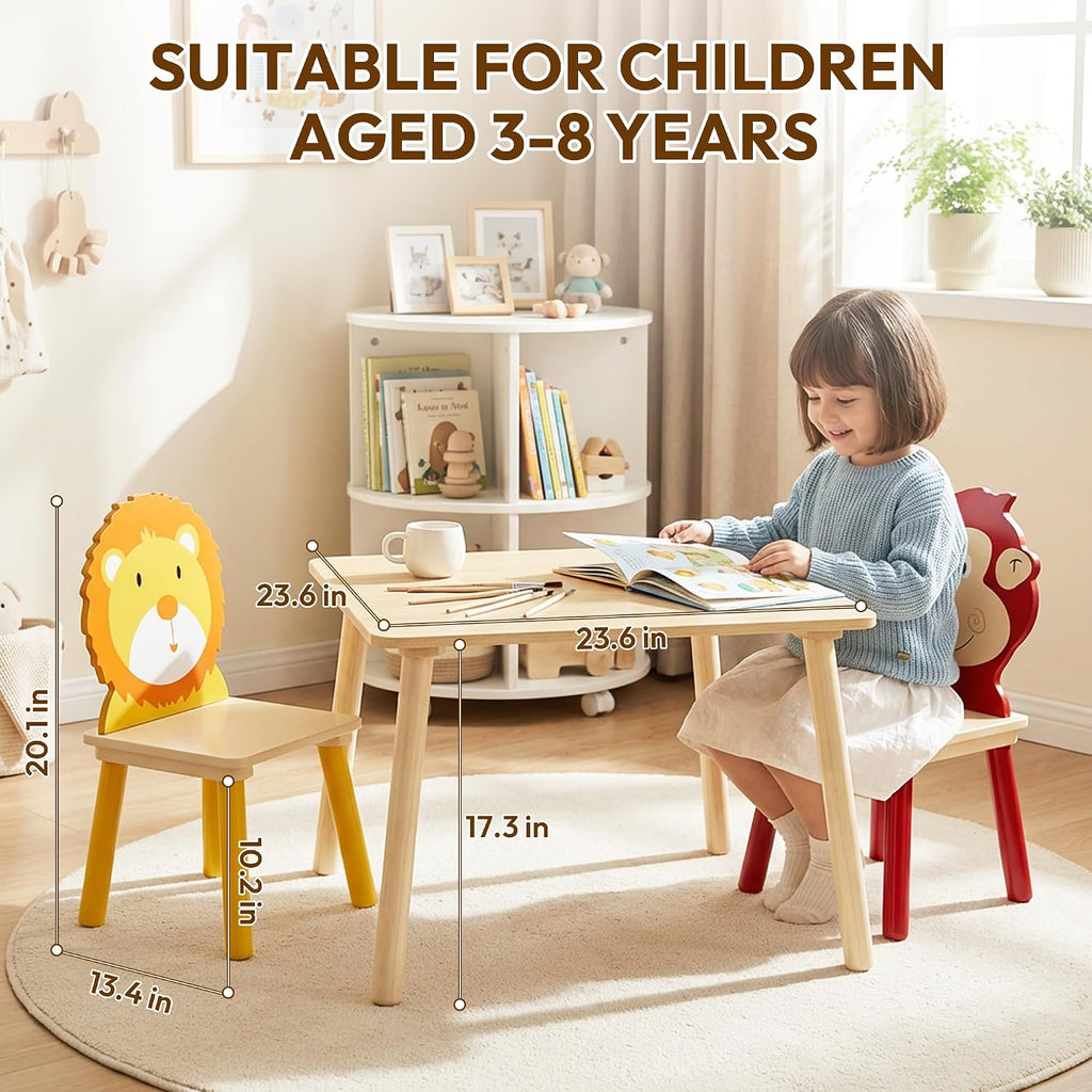 Kids Table and 2 Chairs, Wooden Stable Table and Chair Set (Lion&Monkey), Ideal for Arts & Crafts, Snack Time