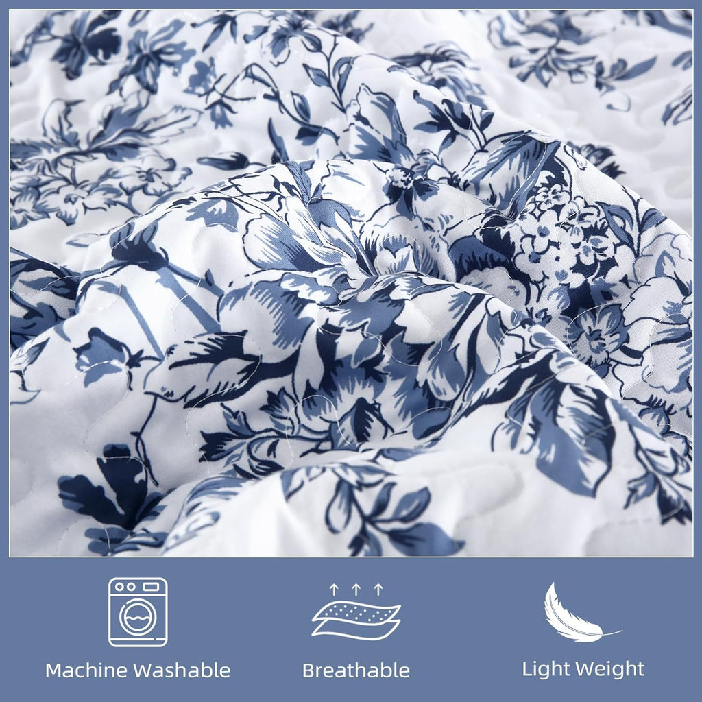 Quilt Queen, Blue Quilt Bedding Set with 2 Pillowcases, Botanical Quilts for Queen Bed, Soft Microfiber Lightweight