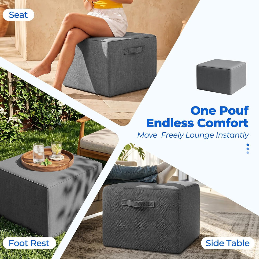 Square Outdoor Ottoman Pouf, 24" Waterproof Patio Foot Rest, Dark Gray | Ottoman Foot Rest, Comfy Footstool, Boneless