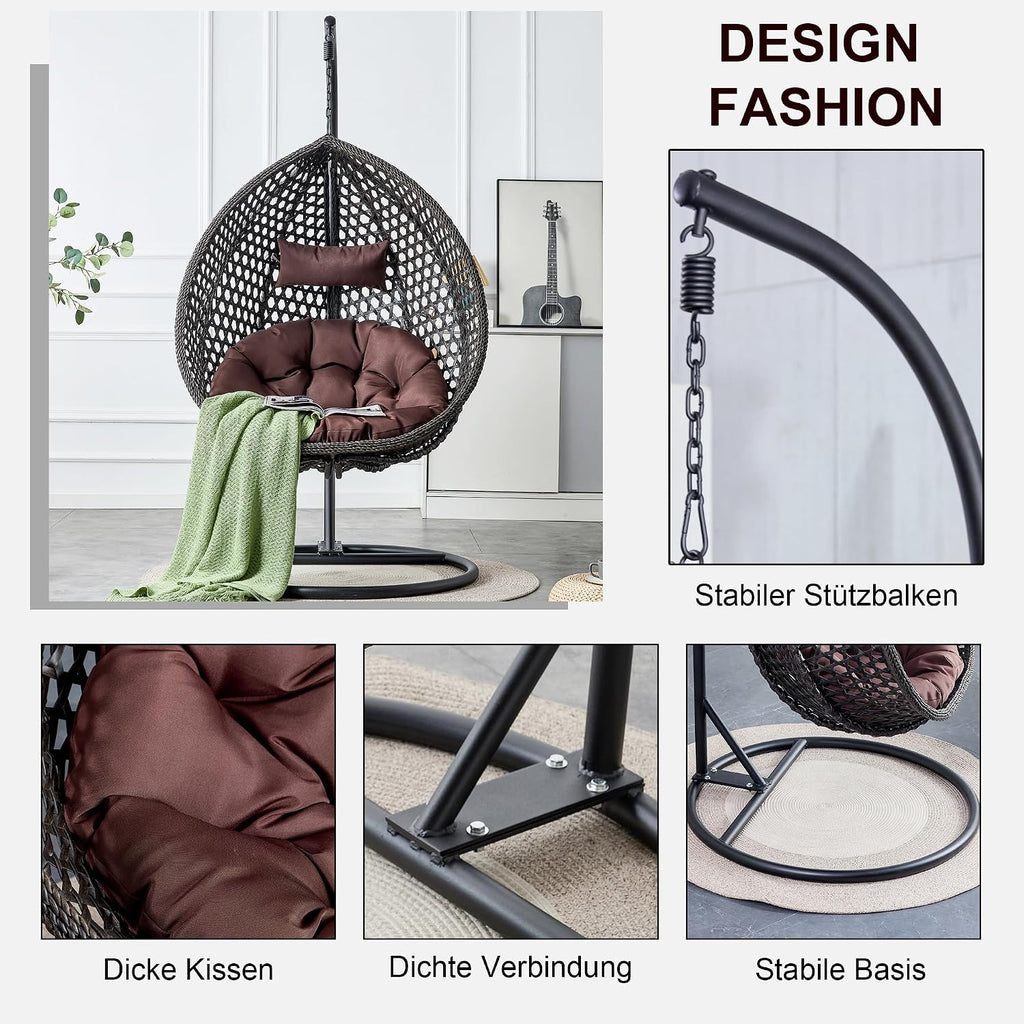 Egg Swing Chair Outdoor with Stand, Indoor Hanging Egg Chair | Rattan Basket Chair with Cushion and Pillow, Foldable