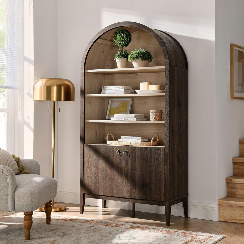 Nolan Tall Arched Storage Display Cabinet in Dark Walnut - 74 Inch Arch Bookshelf with Open and Closed Shelving