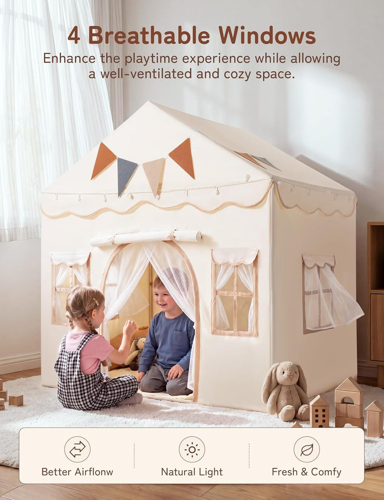 Kids Play Tent Indoor with Padded Mat & Lights, Double Doors