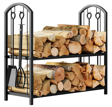 Wrought Iron Firewood Log Rack with 4 Pcs Fireplace Tools Black