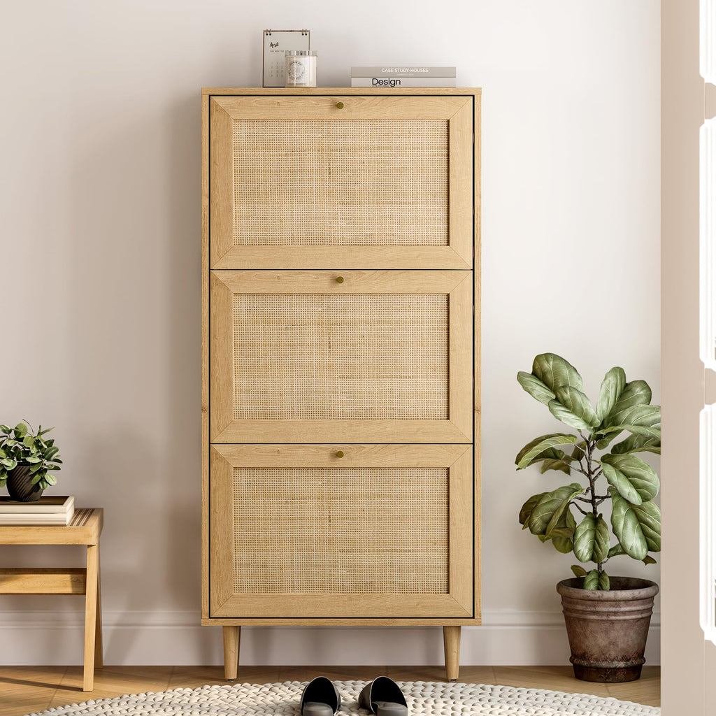 Rattan Shoe Cabinet Narrow Shoe Storage Cabinet with 3 Flip Drawers Hidden Freestanding Shoe Rack Organizer with Wood