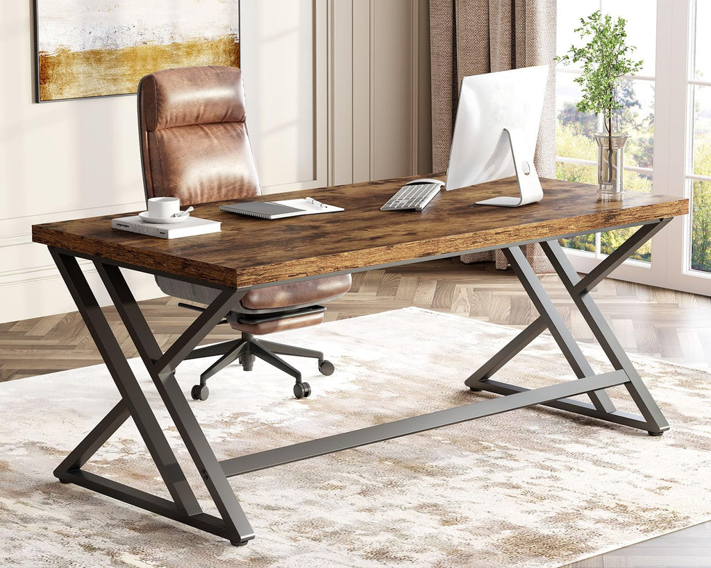 55 Inch Computer Office Desk Metal & Wood Writing Desks Rustic Brown