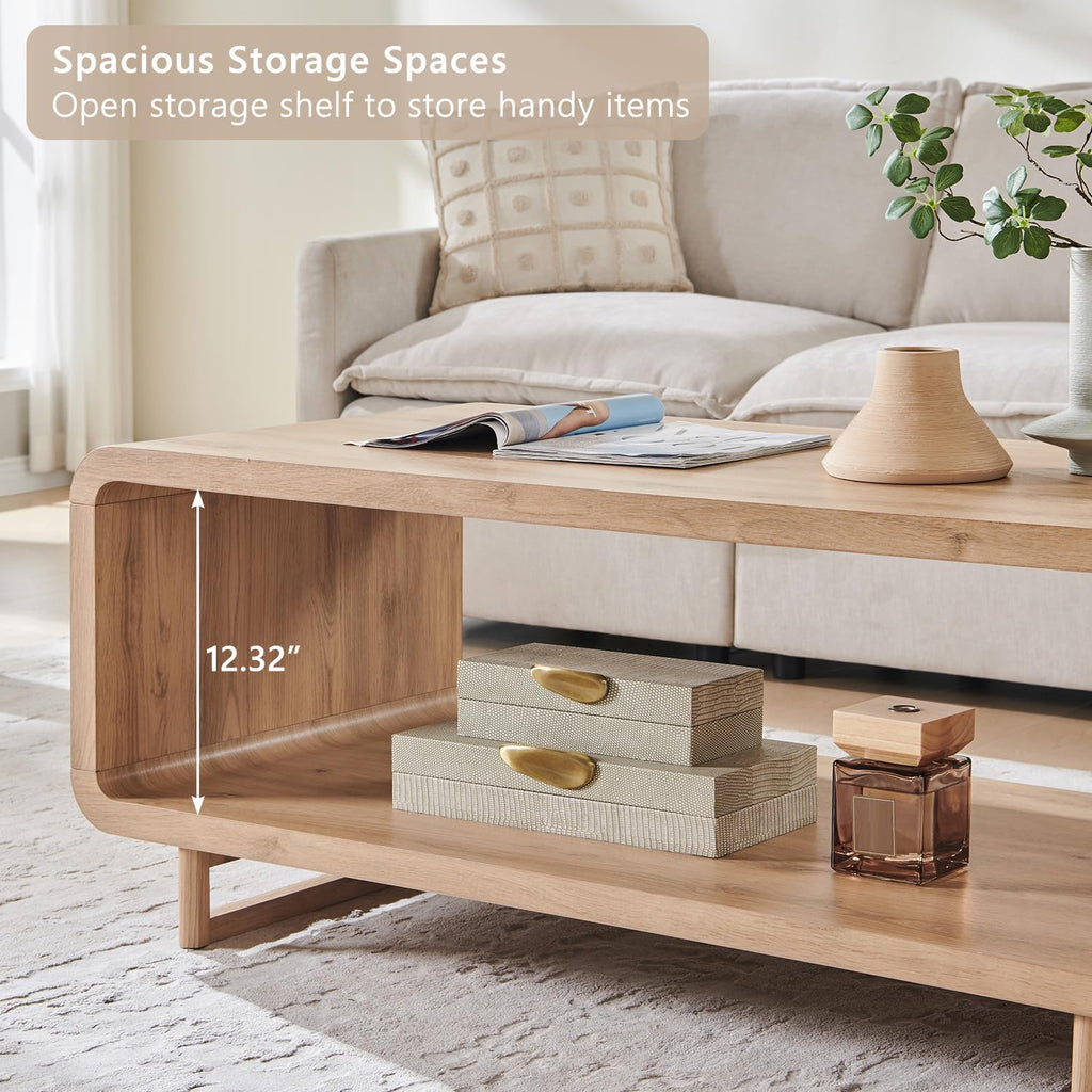 48" Modern Coffee Table, 2-Tier Curved Center Table, Natural Oak