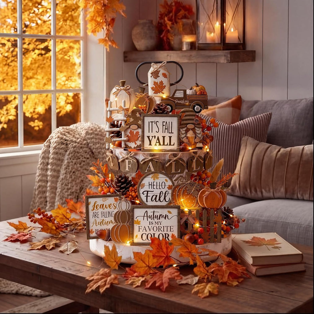 Fall Tiered Tray Decor Set, Thanksgiving Wooden Table Sign - Set of 20